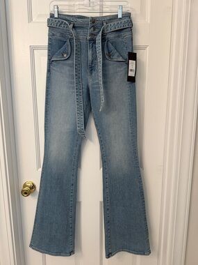 Veronica Beard Light Blue Giselle Flare Extra High RiseJeans with Tie Belt